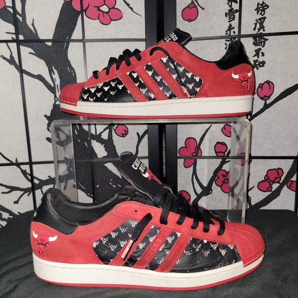 Adidas Superstar Black and Red Sneakers with Bulls Logo - Picture 1 of 8